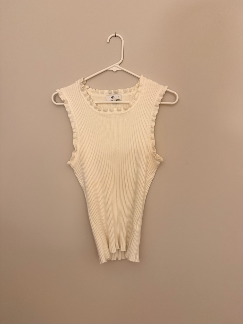 Gilli Cream Ribbed Ruffle-Edge Tank